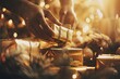 © Koja - The image captures hands carefully arranging shiny golden presents amidst soft glowing lights, creating a magical and inviting atmosphere typical of the holiday season and warmth of giving.