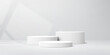 © Buch&Bee - 3D white podium stage with window shadow light for product display, vector studio showroom. White podium with round stage platforms for exhibition showcase scene background or cosmetics display