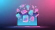 © Ardi - Dynamic neon illustration of a laptop with glowing educational icons emanating from its screen, representing digital learning, online knowledge, e-learning, and the future of education