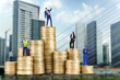 © New Africa - Personal wealth. People of various professions standing on different stacks of coins according to their salaries against cityscape