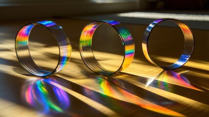 Laser interference patterns creating diffraction ring patterns through optical glass cylinders with rainbow spectrum light dispersion effects on reflective surface