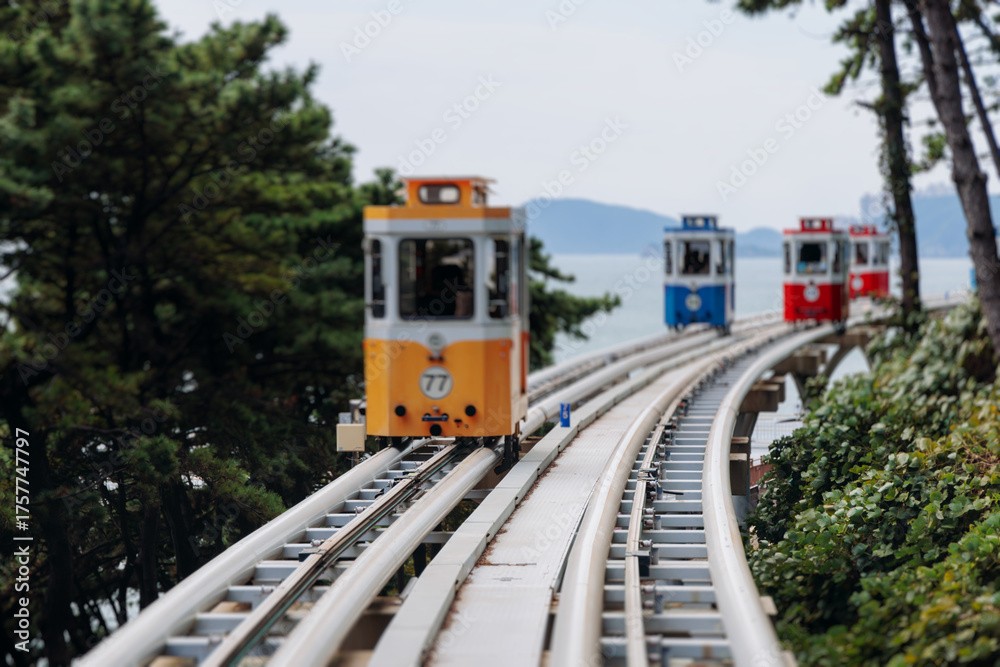 Haeundae Blue Line Park, Busan, ride on multicoloured sky capsule train ...
