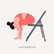 © skdkaj - Woman in coral activewear performs seated forward bend yoga pose with head tucked toward knees and dark hair in a bun against a pale cream background with a grey folding chair supporting her legs