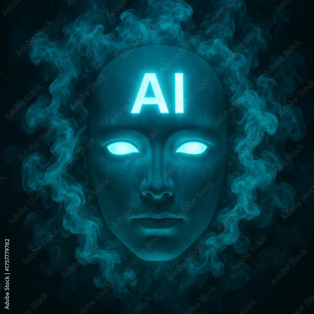 Blue face with glowing eyes and the letters AI on it. The image has a ...