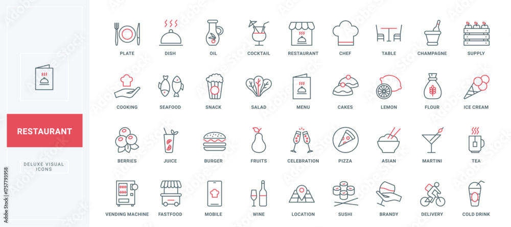 Restaurant food and drink, cafe services line icons set. Fast food menu ...