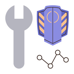 Wall Mural - Wrench signifying tools, shield for cybersecurity, and interconnected nodes symbolizing networking. Ideal for technology, IT services, data security, tech repair, system upgrade, maintenance simple