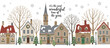 © Raxzen - Winter Scene of European Town with Snowy Houses, Fir Trees, Lanterns, and Historic Tower in Muted Colors – Vector Design for Holiday Cards and Seasonal Banners