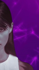 Wall Mural - Analyzing data percentages, woman in school with purple abstract network background