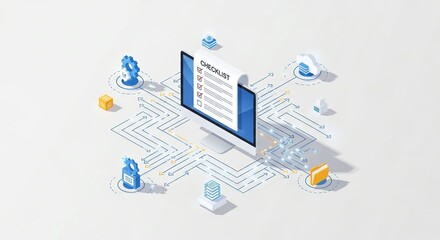 Digital checklist on computer screen connected to network nodes, representing modern task management and data flow.
