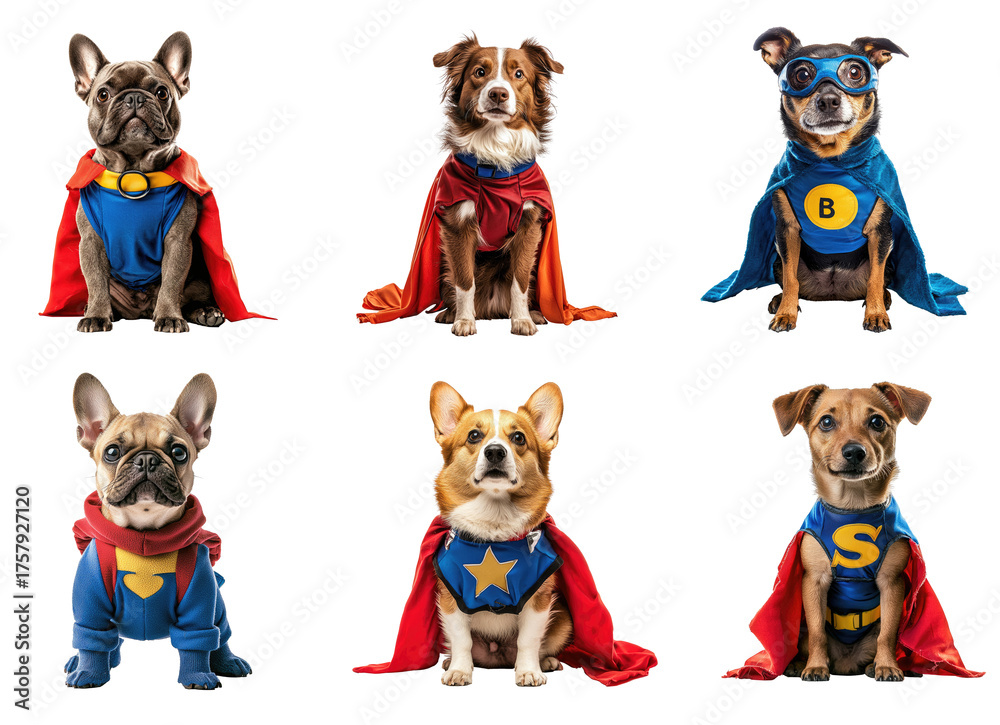 Collection of dogs in superhero costumes with red and blue capes and ...