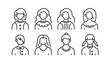 © Maurizt - Diverse Women's User Avatar and Profile Icon Set in a Minimalist Outline Vector Design, Featuring Female Busts with Various Hairstyles and Attire for Social Media and User Interface