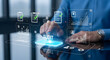 © AI Image Studio - Professional businessman interacts with glowing audit interface for business analysis