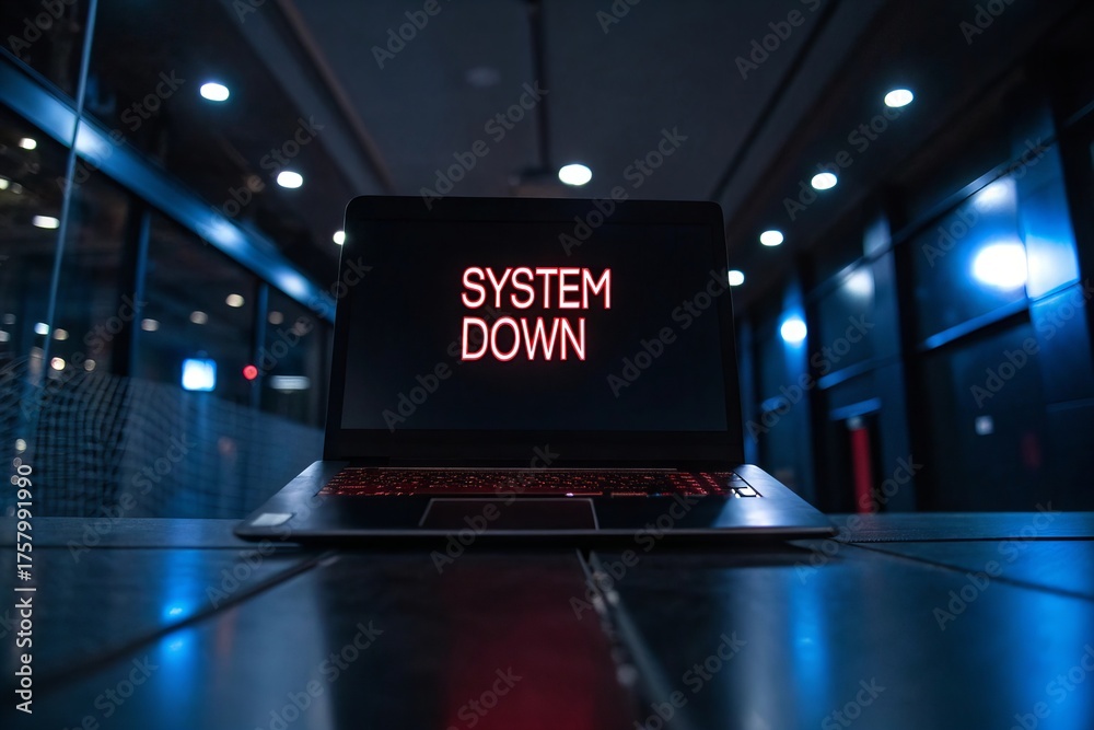 System Down Script Laptop screen displaying glowing words 'SYSTEM DOWN' in a dark lit ...