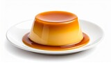 Generated imageCreamy caramel flan dessert on white plate — smooth glossy surface with rich caramel sauce pooling around base, ideal for dessert menus, food blogs, or product listings.