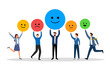 © Orapun - Employee satisfaction attitude survey feedback business in flat design vector illustration. Business people with various feedback emoticons. Working happiness wellbeing and satisfaction feedback