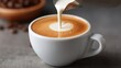 © 69 - Freshly Made Coffee with Cream Pouring in White Cup on Rustic Table with Coffee Beans in Background Ideal for Coffee Lovers and Barista Themes