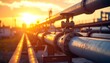 © karono - Industrial oil and gas pipelines stretching towards the horizon at sunset, symbolizing energy infrastructure and production