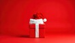 © anulak - Single Gift Box with Santa Hat, Minimalist A solitary, cleanly wrapped gift box in bright red paper with a simple white ribbon. A perfectly placed, classic Santa hat sits on top of the box. The