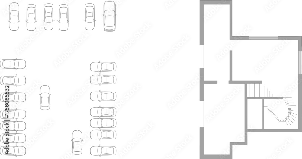 Architectural floor plan with car parking layout, building blueprint ...