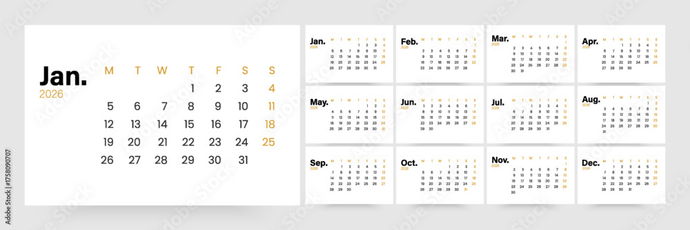 2026 Calendar - vector illustration. Week starts on Monday. Calendar ...