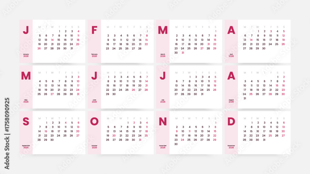 2026 Calendar - vector illustration. Week starts on Monday. Calendar ...