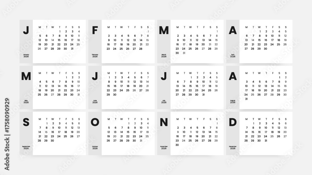 2026 Calendar - vector illustration. Week starts on Monday. Calendar ...