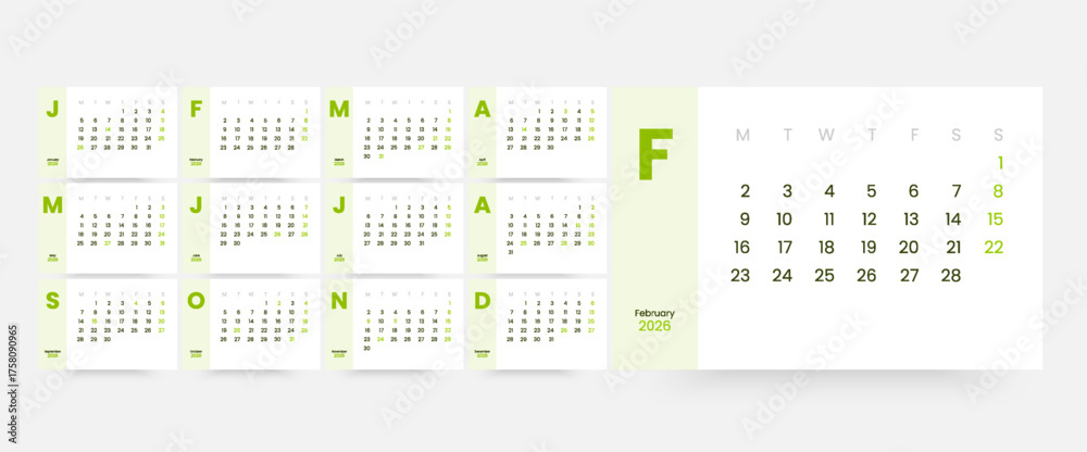 2026 Calendar - vector illustration. Week starts on Monday. Calendar ...