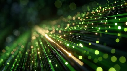 Wall Mural - Abstract green fiber optic background: Immerse yourself in a dynamic visualization of interconnected fiber optic cables.