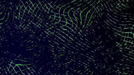 Wall Mural - Moving neon swirling lines with wave warp effects patchwork glowing pattern design on a dark gradient background dynamic abstract motion graphics textured overlay colour way blue lime green
