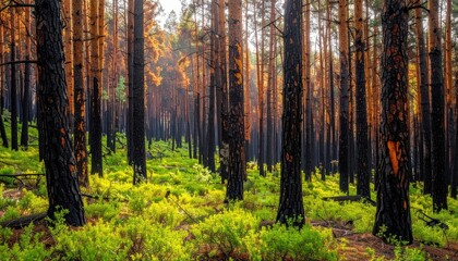  Sunlight streams through a charred forest illuminating vibrant green undergrowth and blackened tree trunks in a beautiful natural landscape