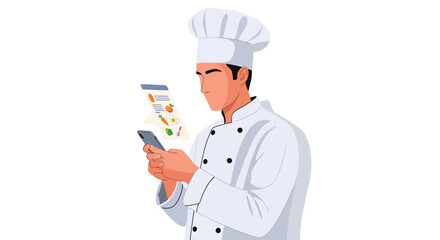Chef in uniform using a smartphone to view a recipe or online order, with a digital display floating above the device.