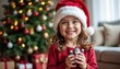 © AiGalaxy - Smiling young girl with brown hair wearing a red shirt and Santa hat, holding small figurines in front of a decorated Christmas tree with gifts.