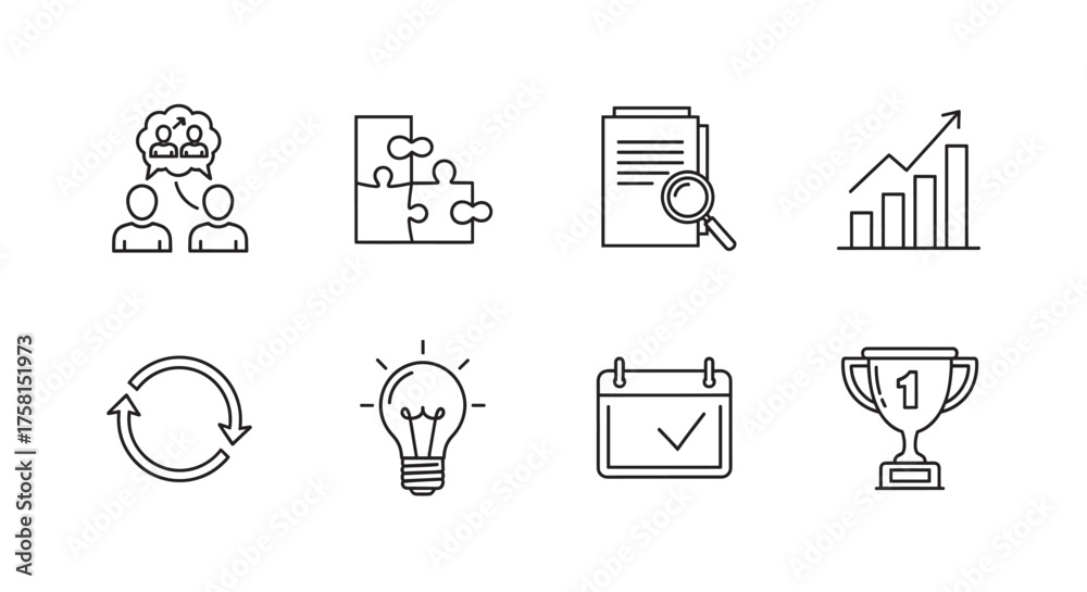 Eight minimal black outline icons representing various business ...