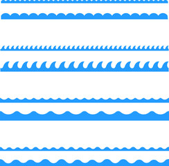 Circular edge seamless border shape set, scalloped border. Seamless vector marine wave decoration pattern isolated on white background.