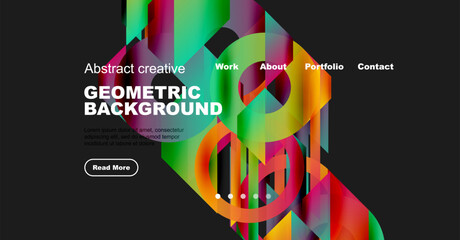 Wall Mural - Vibrant geometric shapes form abstract background. Website header includes navigation, text, button. Modern design, colorful presentation.
