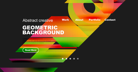 Wall Mural - Modern website header design. Vibrant geometric shapes, text overlays, navigation menu present. Dark background enhances colorful elements.