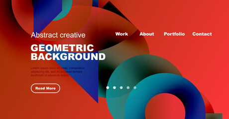 Wall Mural - Vibrant abstract design features flowing shapes, bold text, navigation menu. Red, blue hues dominate composition. Modern aesthetic.