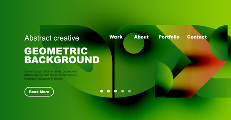 Wall Mural - Abstract green background features geometric shapes, text elements, navigation menu. Modern design suitable for website header or banner.