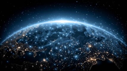 Wall Mural - A glowing abstract digital planet with blue light effects and connected city lines set against a dark futuristic background symbolizing technology innovation and global connectivity

