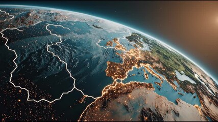Wall Mural - A glowing abstract digital planet with blue light effects and connected city lines set against a dark futuristic background symbolizing technology innovation and global connectivity
