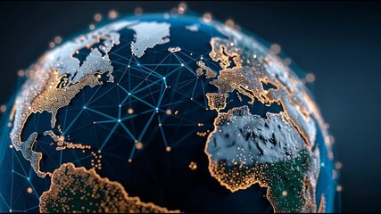 Wall Mural - A glowing abstract digital planet with blue light effects and connected city lines set against a dark futuristic background symbolizing technology innovation and global connectivity
