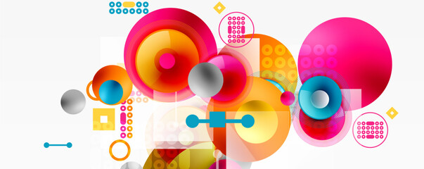 Wall Mural - Abstract composition featuring vibrant circles, squares, dots. Bright colors create dynamic visual experience. Modern design elements present.
