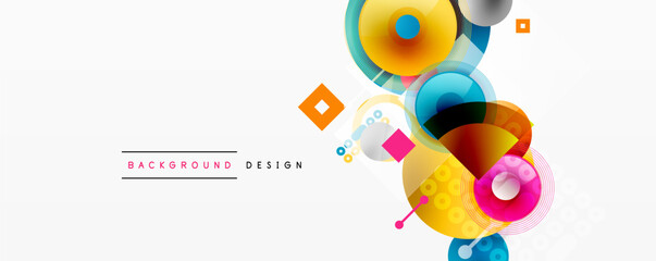 Wall Mural - Abstract colorful design. Overlapping circles, squares create dynamic composition. Modern background for presentations, graphics.