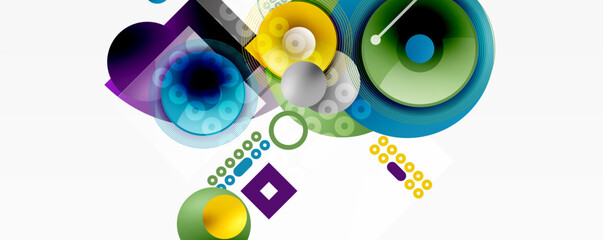 Wall Mural - Abstract composition featuring colorful circles, squares, lines. Modern design with vibrant hues, geometric shapes, dynamic arrangement.