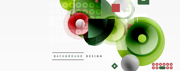 Wall Mural - Abstract geometric design. Circles, squares, lines create modern visual composition. Green, red, gray tones dominate background.