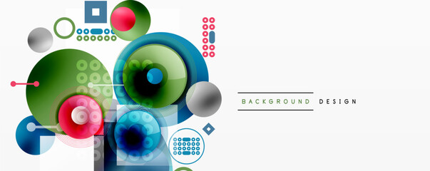 Wall Mural - Abstract vector design. Circles, squares, lines create modern composition. Bright colors, gradients offer dynamic visual effect.