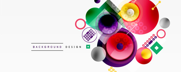 Wall Mural - Abstract colorful design features overlapping circles, squares, dots. Modern geometric composition, vibrant hues create dynamic visual impact.