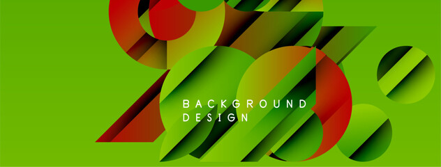 Wall Mural - Abstract vibrant design. Overlapping circles, rectangles create dynamic composition. Bright green background enhances visual impact.