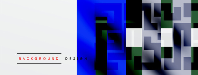Wall Mural - Abstract geometric design. White, blue, gray, green blocks create modern background. Text reads background design. Simple, clean aesthetic.