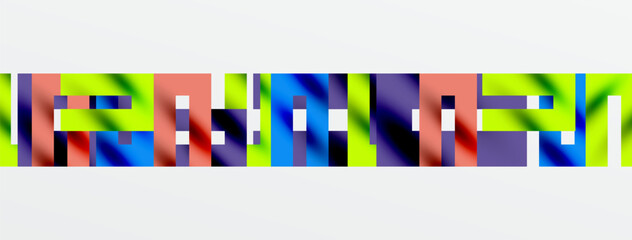 Wall Mural - Abstract colorful blocks form text. Geometric shapes create visual pattern. Bright hues contrast against white background.